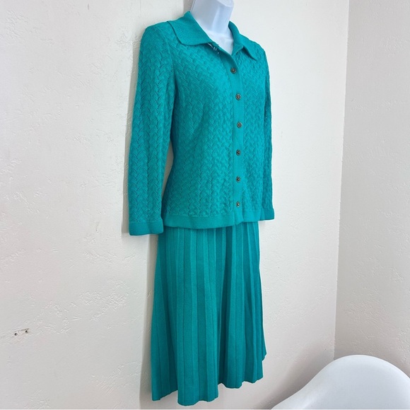 Kimberly Vtg 60s Knit Sweater Skirt Set Pointelle Knit Persian Green Size 8 - Picture 3 of 10
